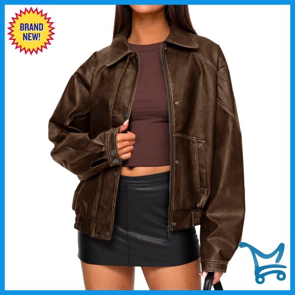 Jackets & Blazers - Faux Leather Jacket Oversized Moto Biker Retro Chic Winter Coat Women